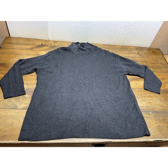 Eileen Fisher Charcoal Gray Mock Neck Extra Fine Merino Wool Tunic Sweater L - Picture 1 of 12